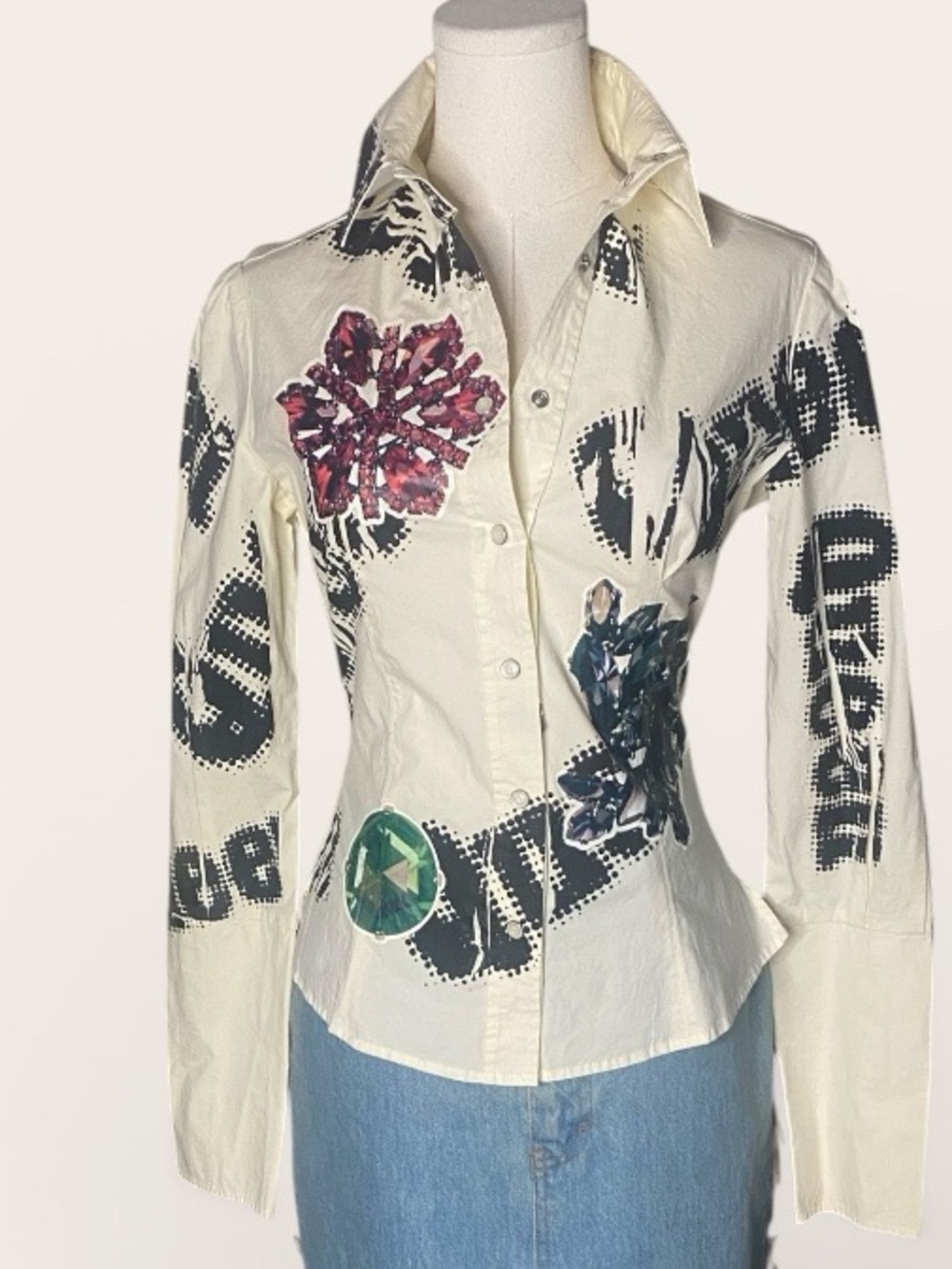 Fornarina Y2K Graphic Print Button Down Shirt Vintage Beige Gem Detail Size M
